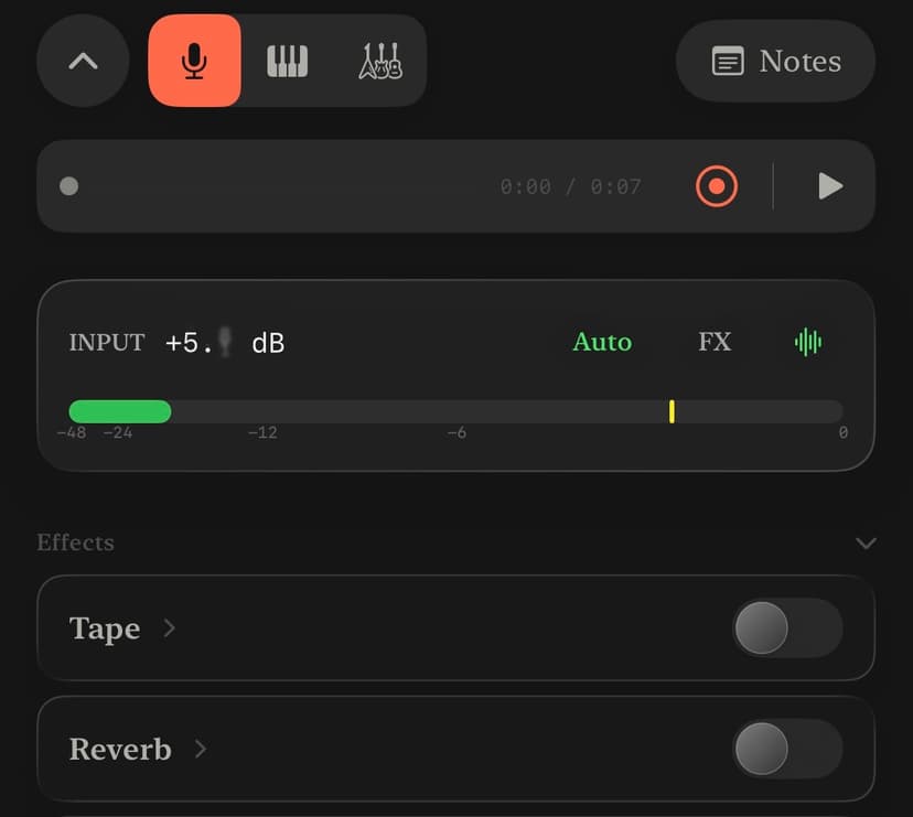 Recording effects panel with Tape, Reverb, and Echo toggles