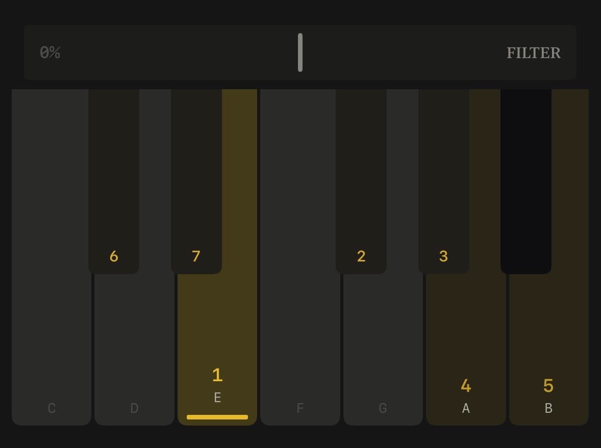 Scale-aware keyboard showing E natural minor with scale degree labels